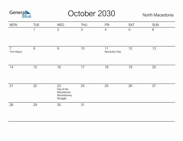 Printable October 2030 Calendar for North Macedonia