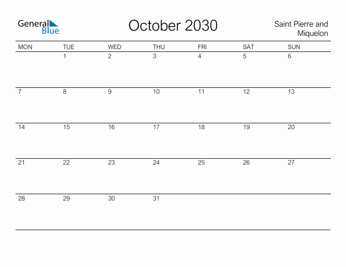 Printable October 2030 Calendar for Saint Pierre and Miquelon