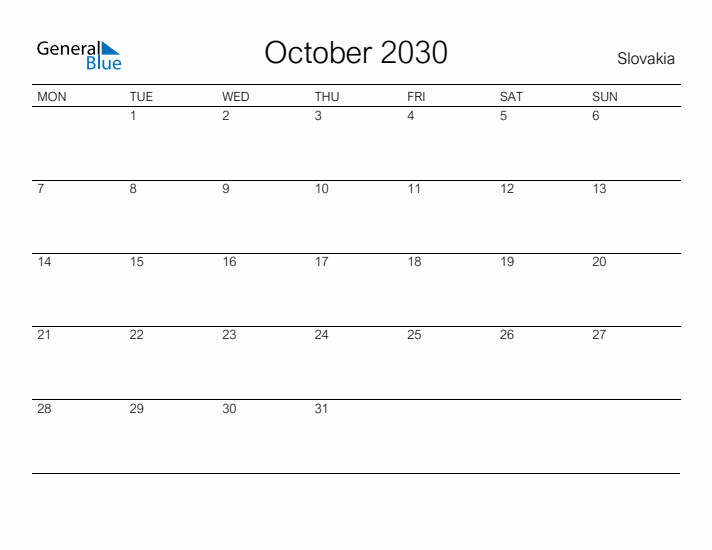 Printable October 2030 Calendar for Slovakia