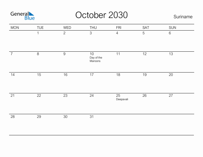 Printable October 2030 Calendar for Suriname