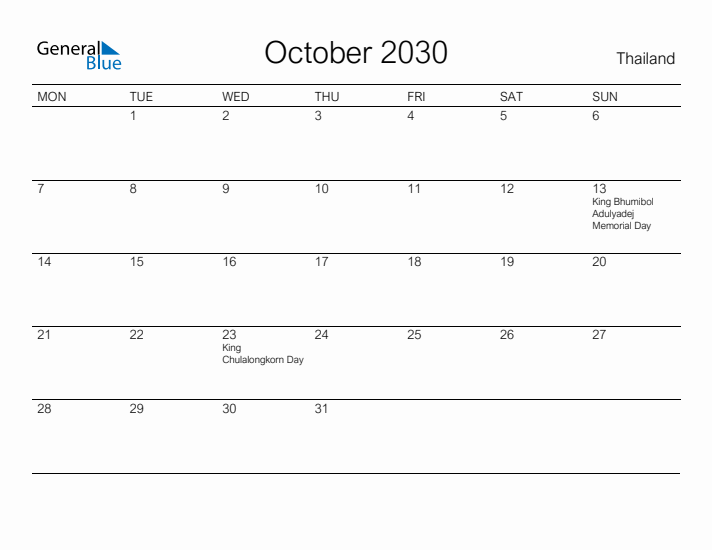 Printable October 2030 Calendar for Thailand