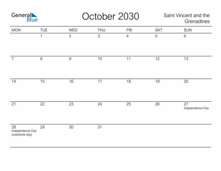 Printable October 2030 Calendar for Saint Vincent and the Grenadines