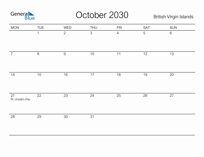 Printable October 2030 Calendar for British Virgin Islands