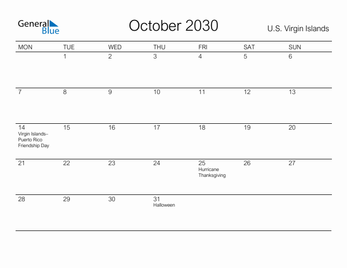 Printable October 2030 Calendar for U.S. Virgin Islands