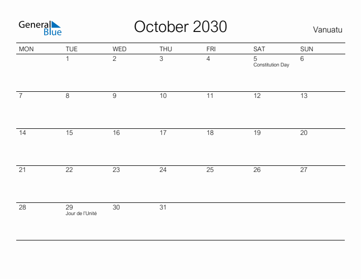 Printable October 2030 Calendar for Vanuatu