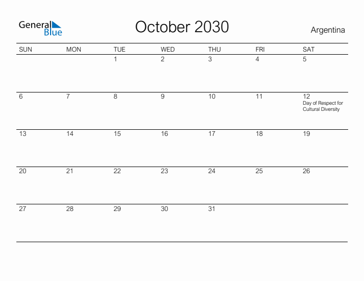 Printable October 2030 Calendar for Argentina
