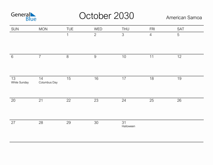 Printable October 2030 Calendar for American Samoa