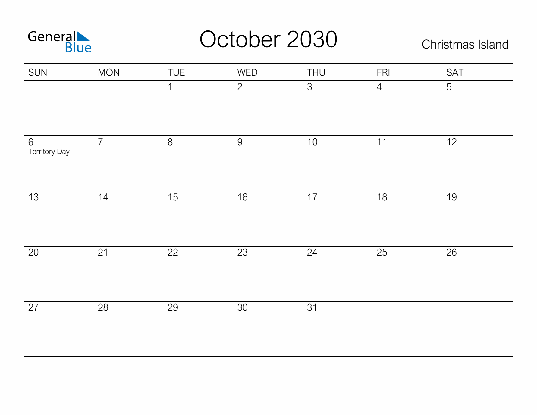 Printable October 2030 Calendar for Christmas Island