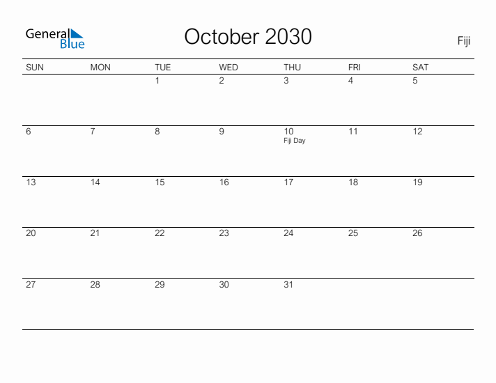 Printable October 2030 Calendar for Fiji
