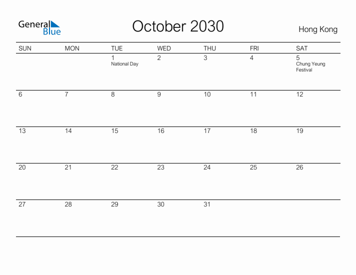 Printable October 2030 Calendar for Hong Kong
