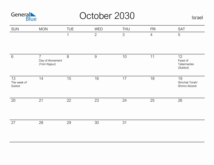 Printable October 2030 Calendar for Israel