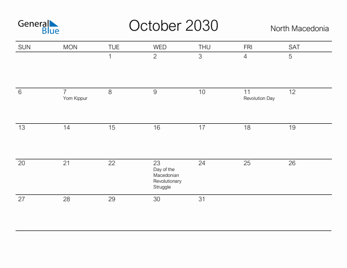 Printable October 2030 Calendar for North Macedonia