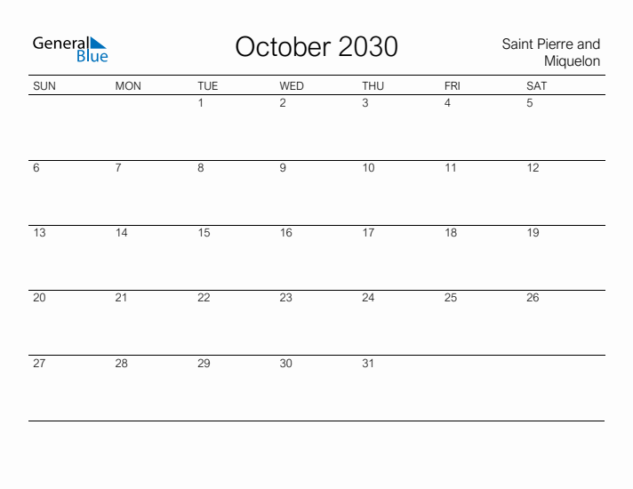 Printable October 2030 Calendar for Saint Pierre and Miquelon
