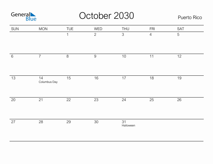 Printable October 2030 Calendar for Puerto Rico