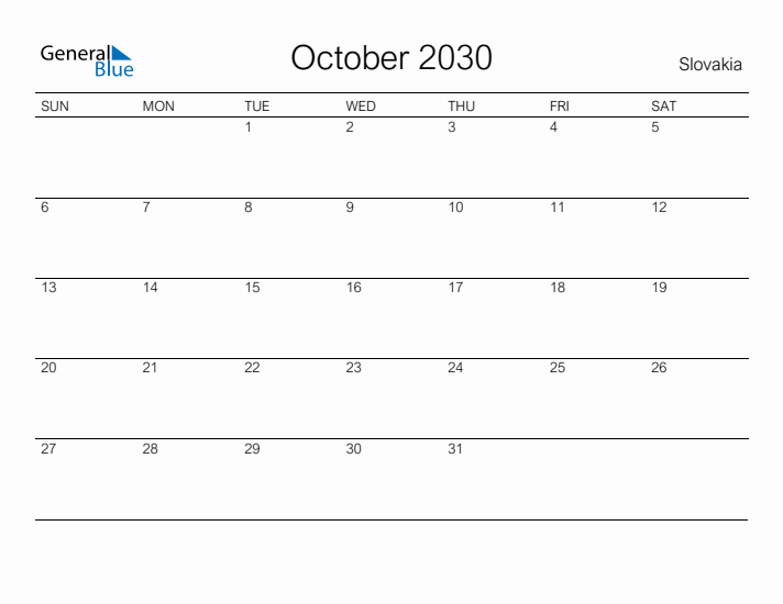 Printable October 2030 Calendar for Slovakia