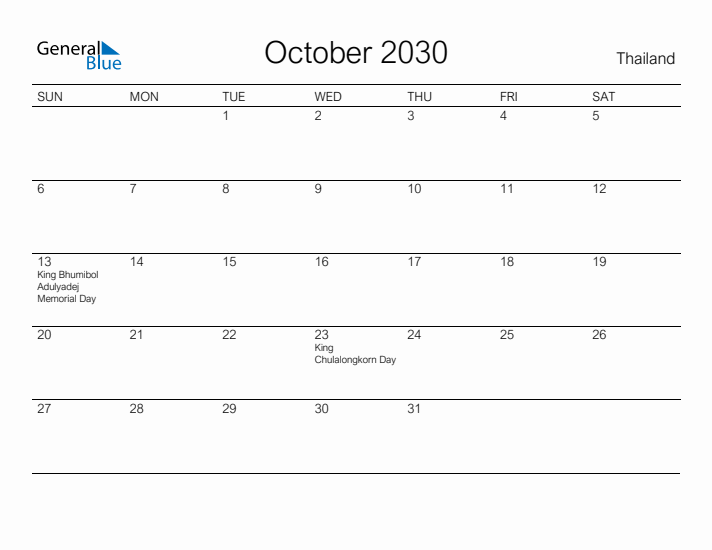 Printable October 2030 Calendar for Thailand
