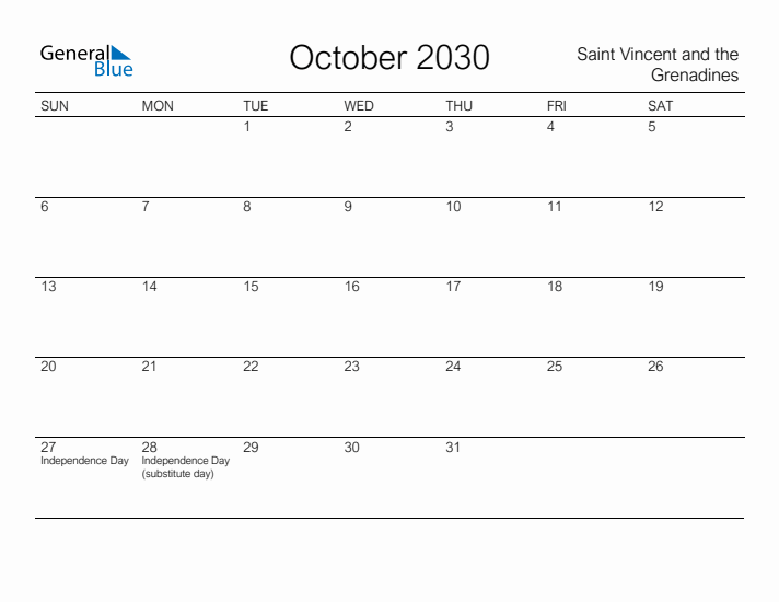 Printable October 2030 Calendar for Saint Vincent and the Grenadines