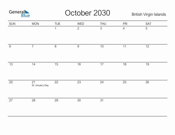 Printable October 2030 Calendar for British Virgin Islands