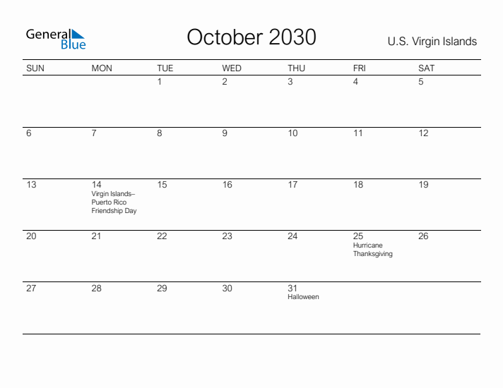 Printable October 2030 Calendar for U.S. Virgin Islands