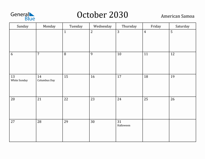 October 2030 Calendar American Samoa