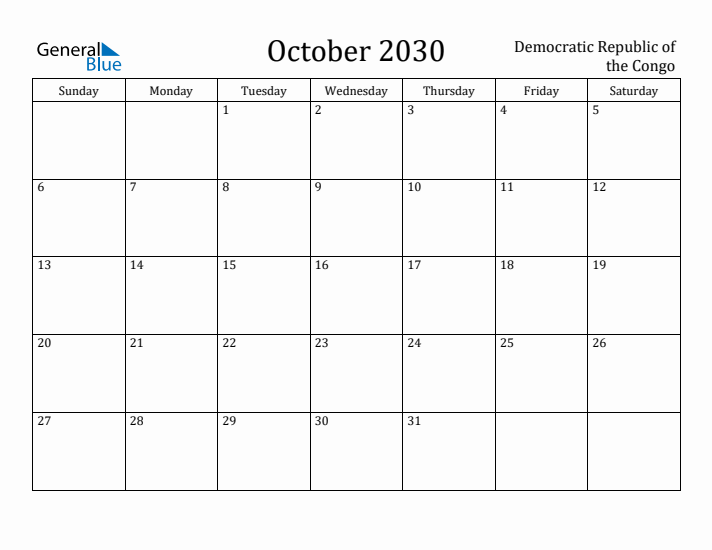 October 2030 Calendar Democratic Republic of the Congo