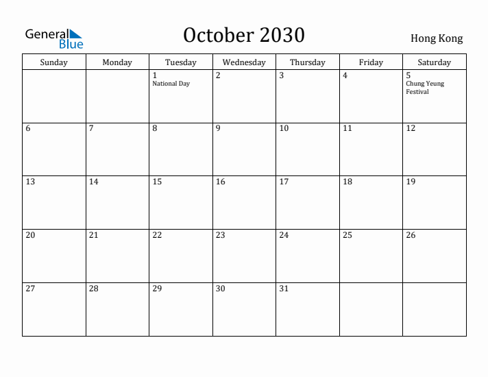 October 2030 Calendar Hong Kong