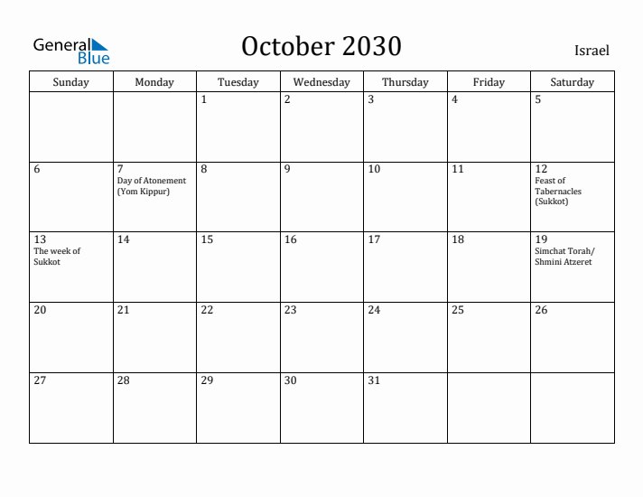 October 2030 Calendar Israel