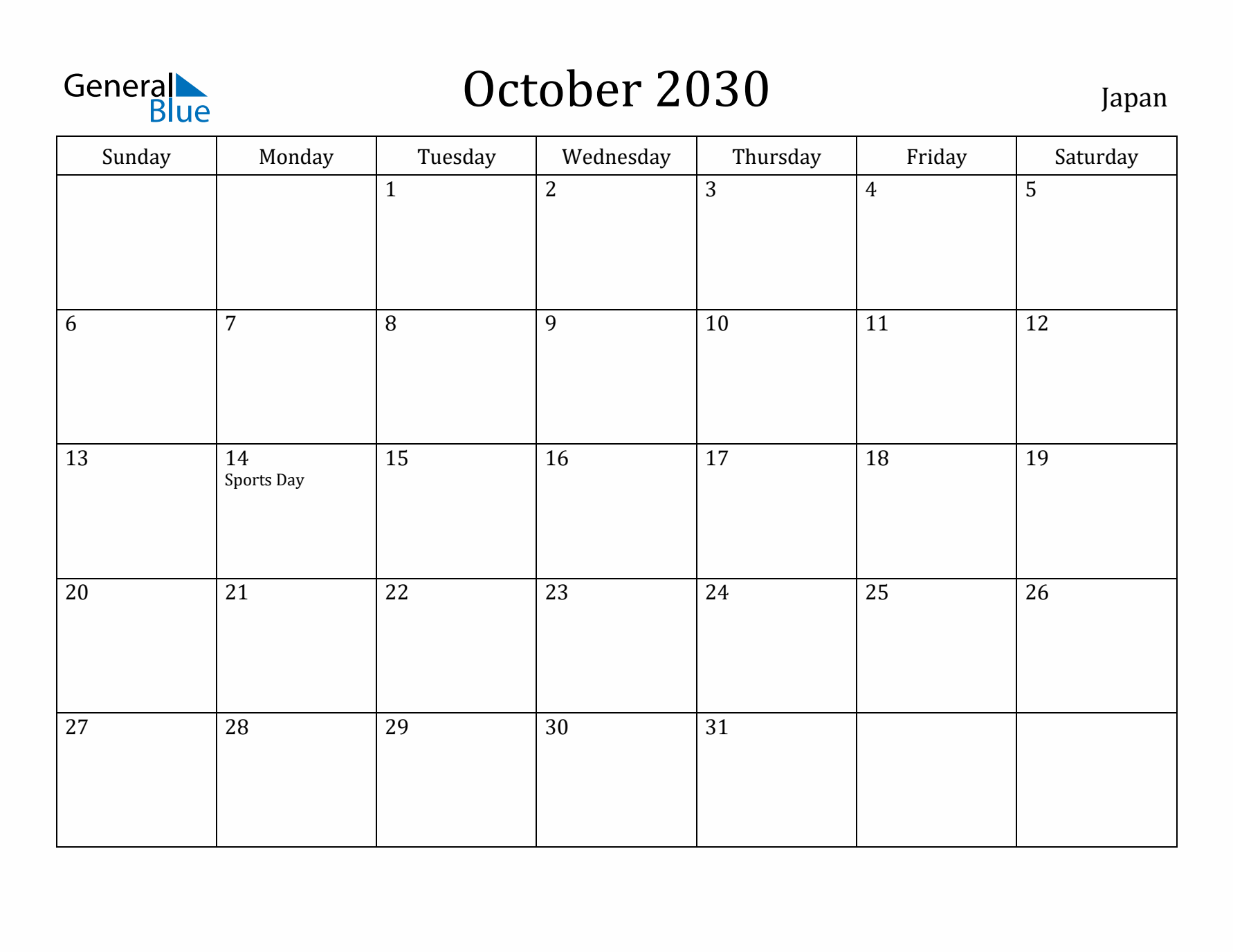 October 2030 Calendar Japan