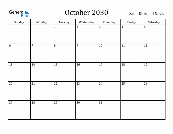 October 2030 Calendar Saint Kitts and Nevis