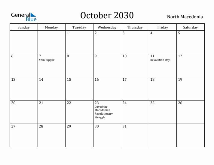 October 2030 Calendar North Macedonia