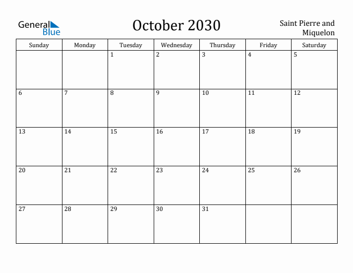 October 2030 Calendar Saint Pierre and Miquelon