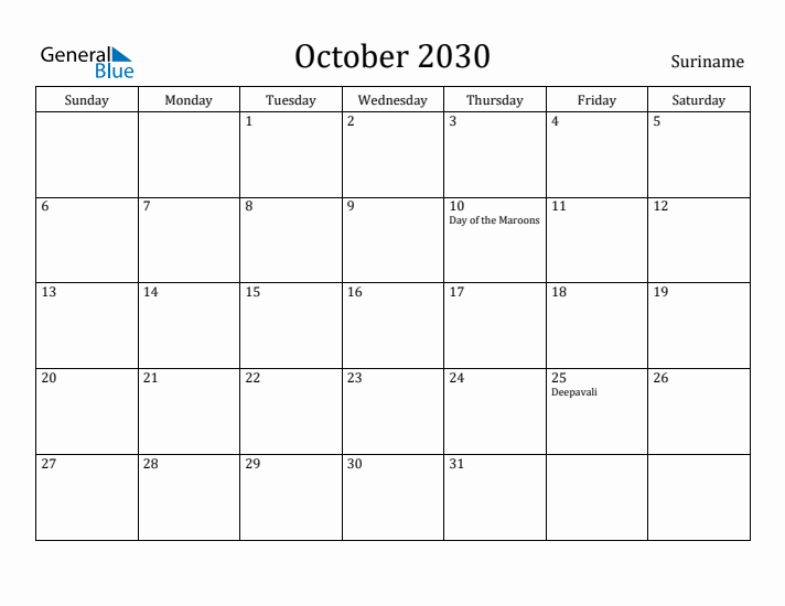 October 2030 Calendar Suriname