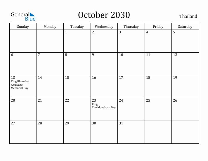 October 2030 Calendar Thailand