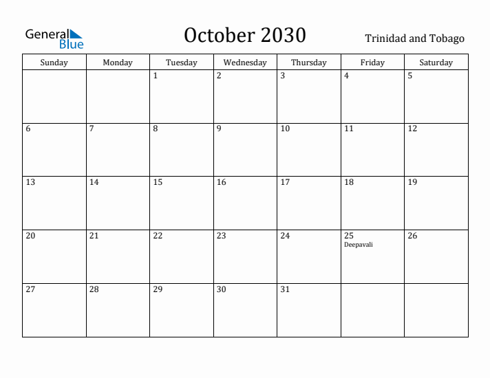 October 2030 Calendar Trinidad and Tobago