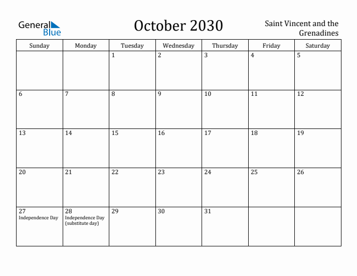 October 2030 Calendar Saint Vincent and the Grenadines