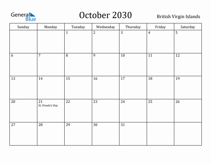 October 2030 Calendar British Virgin Islands