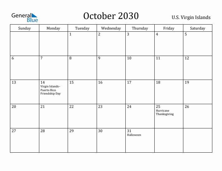 October 2030 Calendar U.S. Virgin Islands