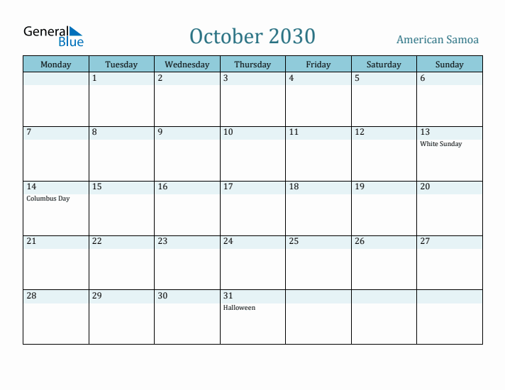 October 2030 Calendar with Holidays