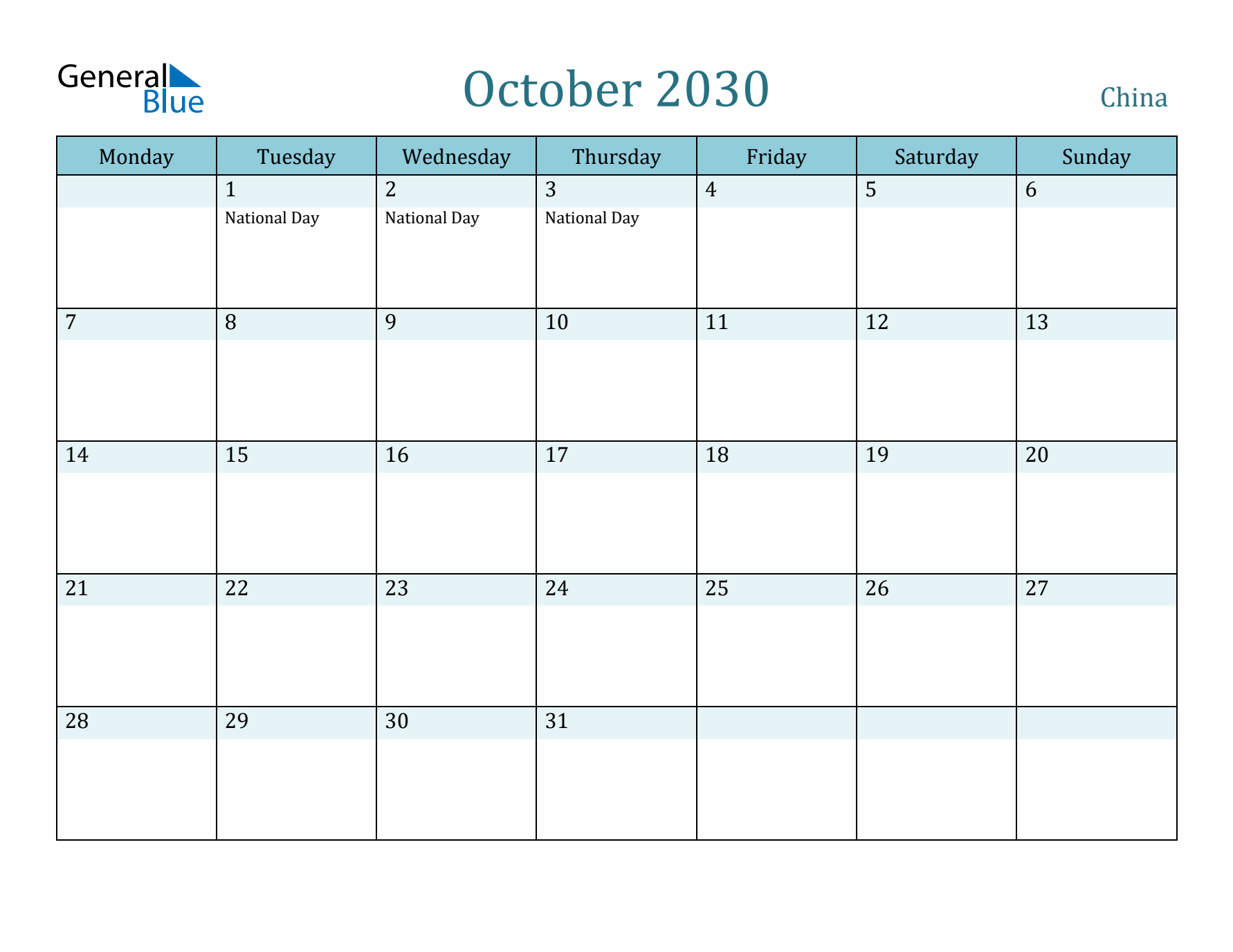 October 2030 Calendar with Holidays