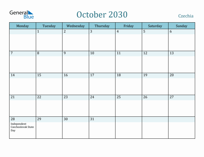 October 2030 Calendar with Holidays