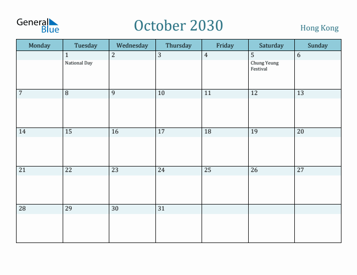 October 2030 Calendar with Holidays