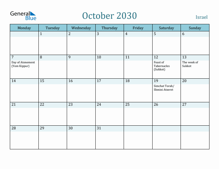 October 2030 Calendar with Holidays