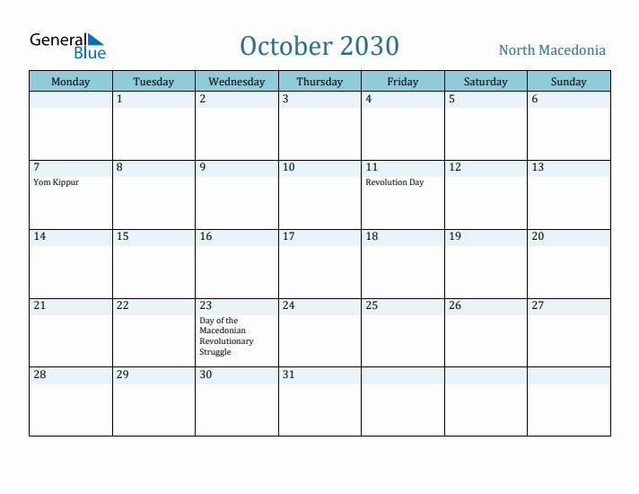 October 2030 Calendar with Holidays