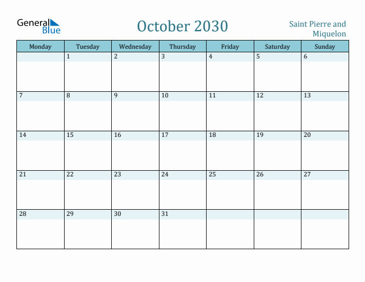 October 2030 Calendar with Holidays