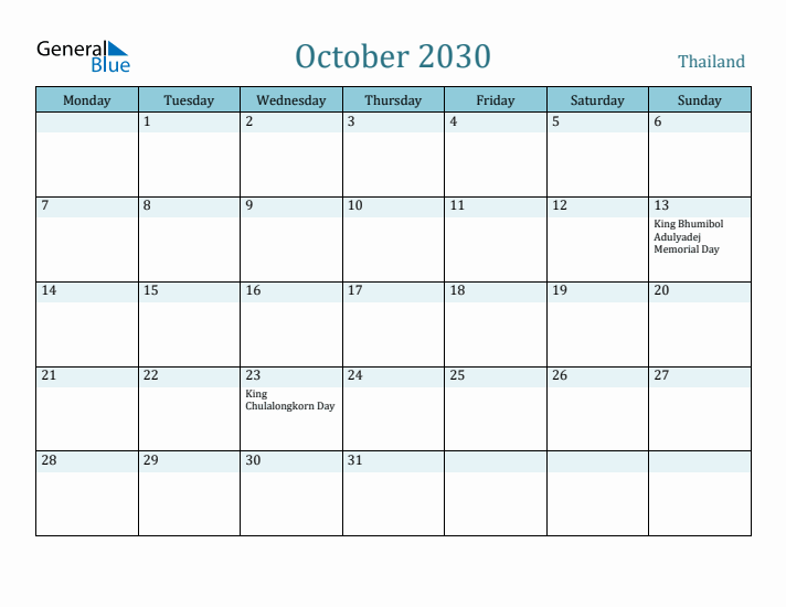 October 2030 Calendar with Holidays