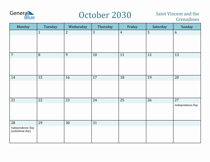 October 2030 Calendar with Holidays