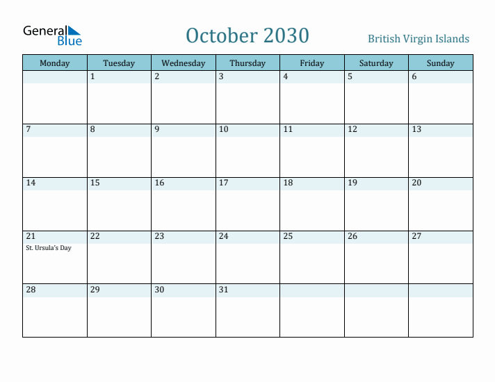 October 2030 Calendar with Holidays
