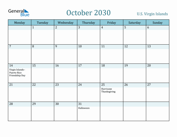 October 2030 Calendar with Holidays