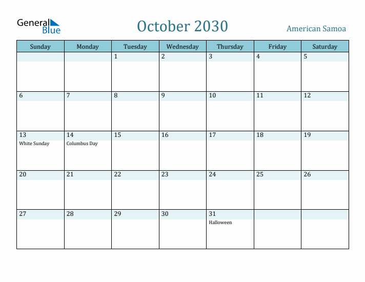October 2030 Calendar with Holidays