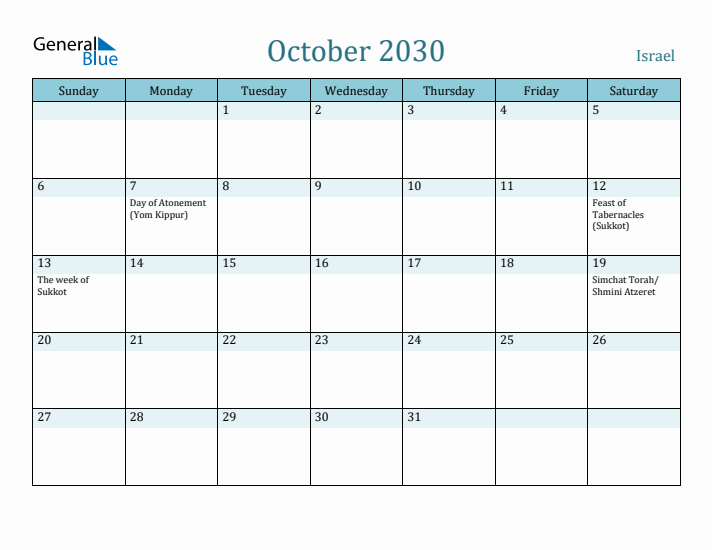 October 2030 Calendar with Holidays